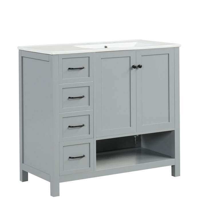 Merax Freestanding Bathroom Vanity with Ceramic Basin (3 Faucet Holes), Two-Door Cabinet & Drawers