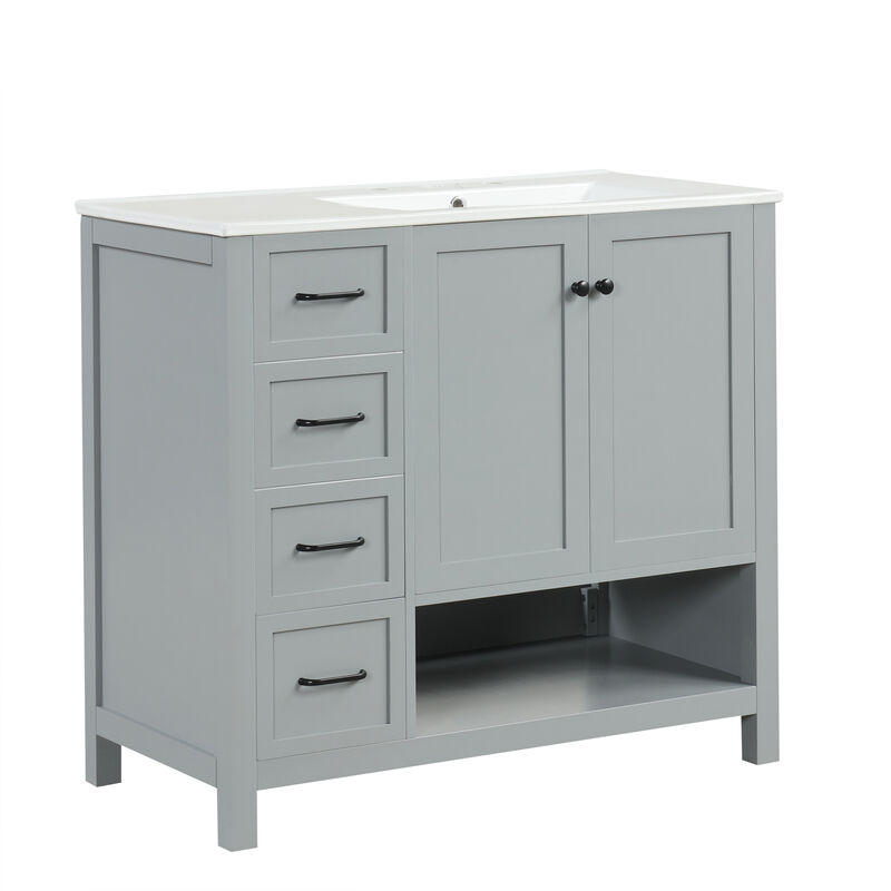 Merax Freestanding Bathroom Vanity with Ceramic Basin (3 Faucet Holes), Two-Door Cabinet & Drawers image number 0