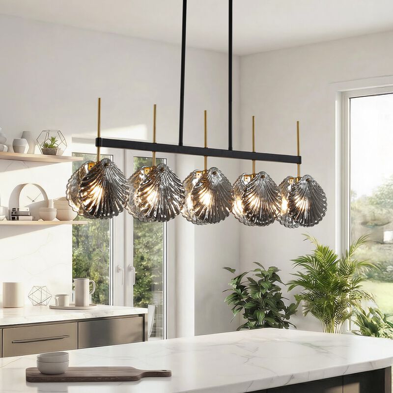 Five-Light Linear Chandelier, Smoky Gray Shell Glass, Black and Gold image number 1