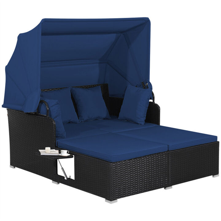 Rattan Daybed Lounge with Retractable Canopy, Side Tables & Cushions