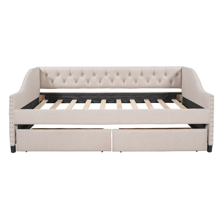 Whisen Full Size Upholstered Daybed with Two Drawers, Solid Wood Frame Storage Sofa Bed for Living Room