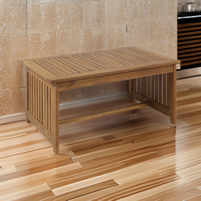 Gerry Outdoor Coffee Table, 40 Inch Rectangular Slat Brown Acacia Wood - Benzara