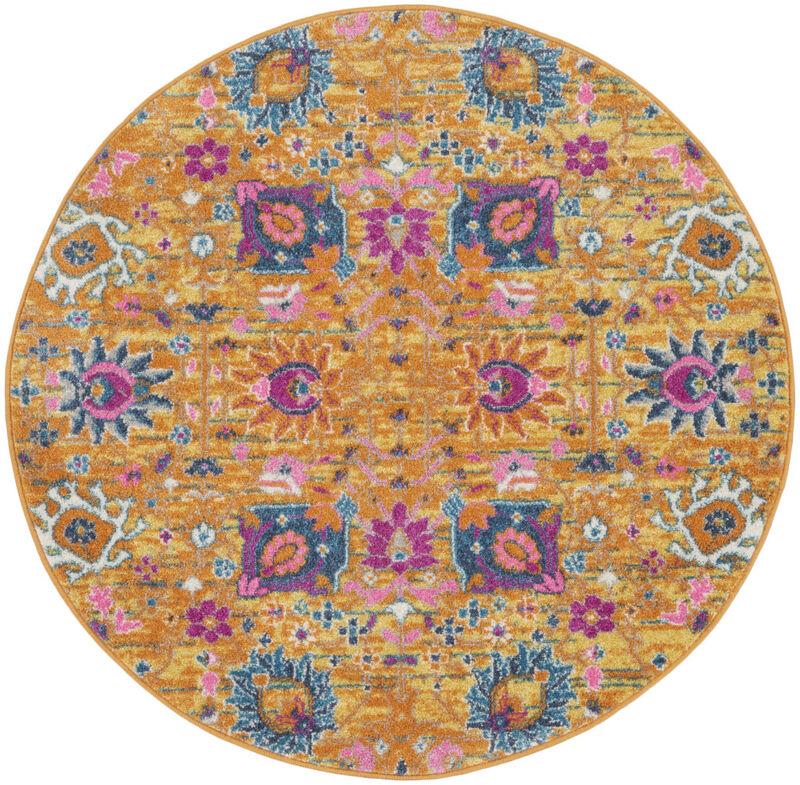 4 gold Round Floral Power Loom Area Rug