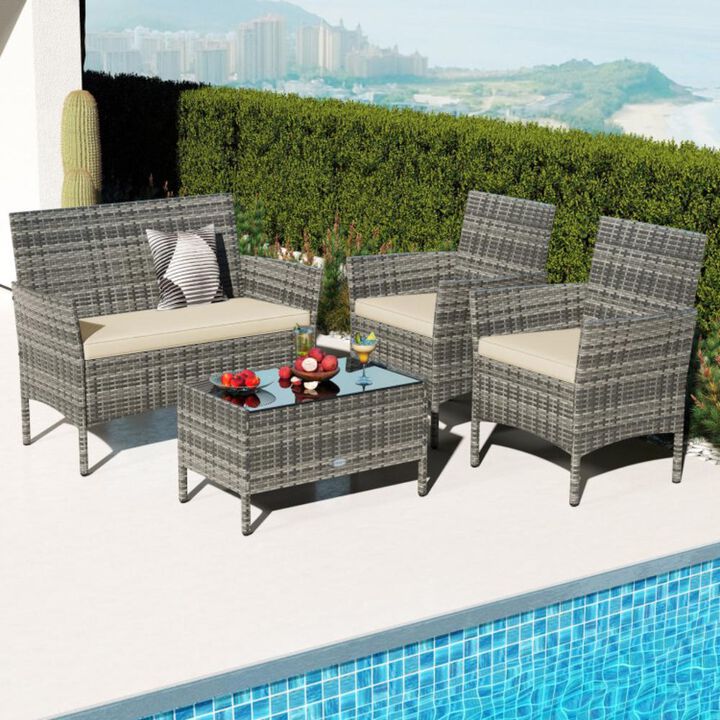 Hivvago 4 Pieces Patio Rattan Conversation Set with Tempered Glass Coffee Table-Red