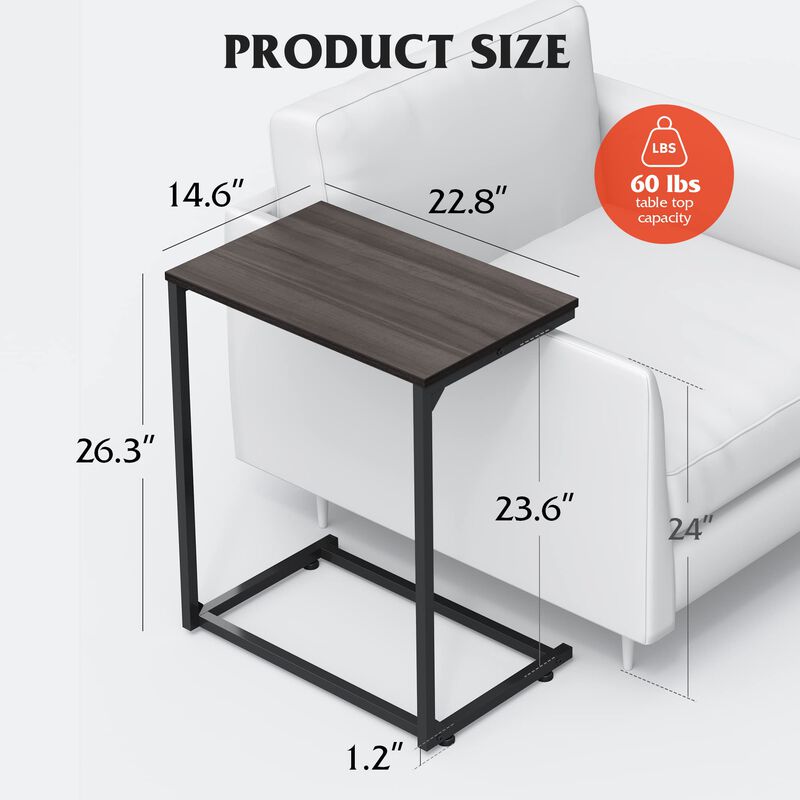 WLIVE Wide Snack Side Table, C Shaped End Table for Sofa Couch and Bed, Laptop Table, Work from Home, 26 Inch Tall, Light Brown