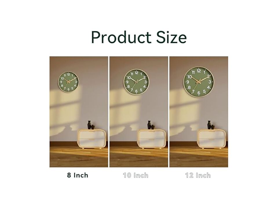 Green Gold Wall Clock 8 Inch Silent Non Ticking Modern Battery Operated