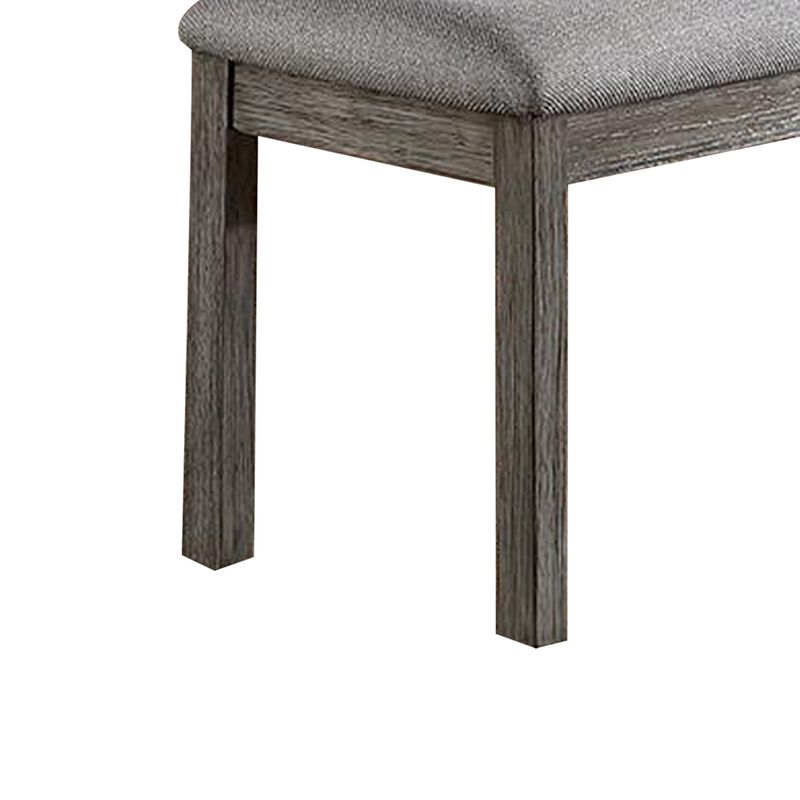 Lais 45 Inch Dining Bench, Wired Brushed Gray Wood, Gray Fabric Padded Seat - Benzara