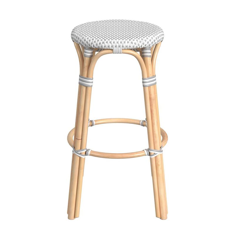 Butler Specialty Tobias Round Rattan 30 Bar Stool, White and Gray Dot