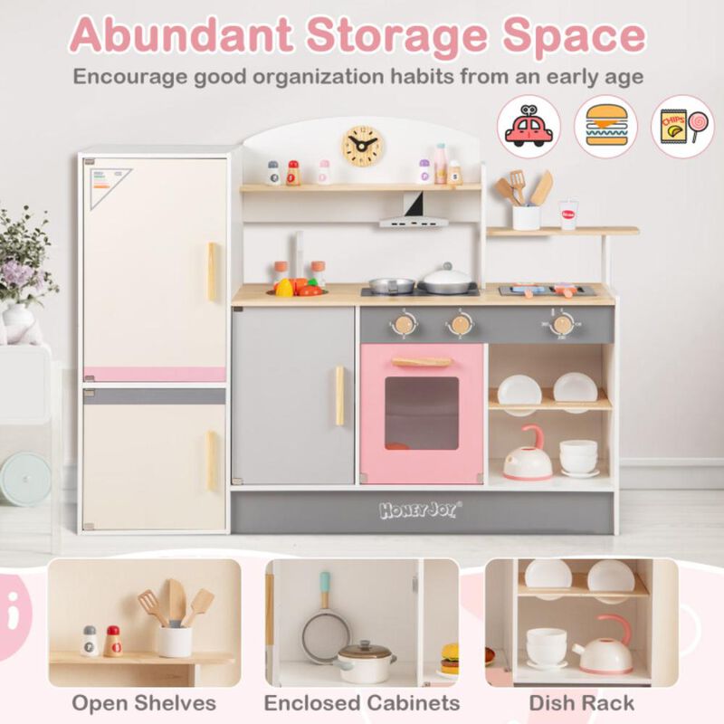 Hivvago Kids Play Kitchen Set with Realistic Range Hood and Refrigerator