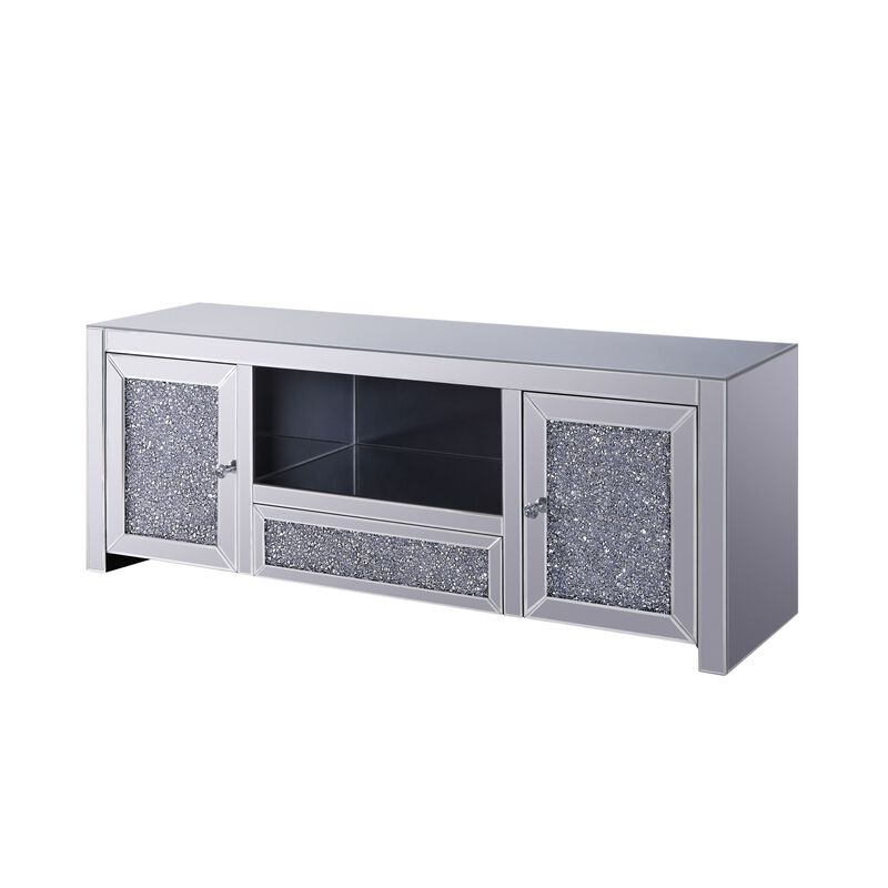 Noe 59 Inch Wood TV Entertainment Media Console, Faux Diamond Inlay, Silver