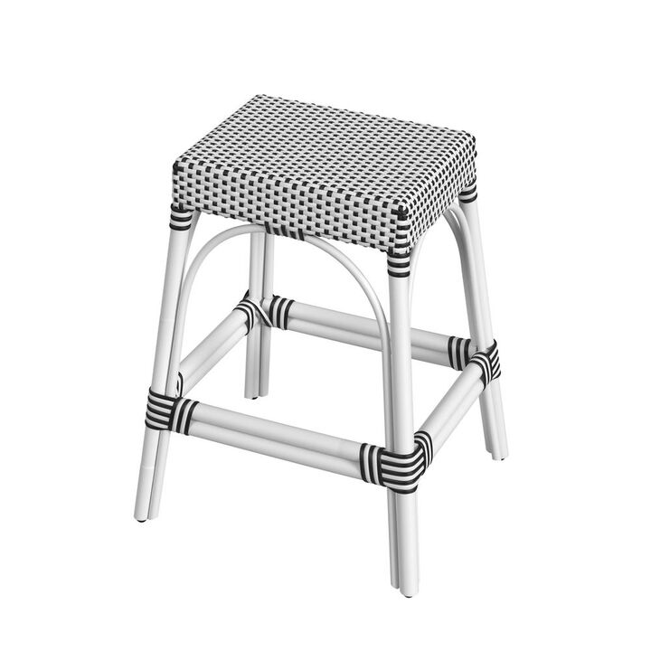 Butler Specialty Robias Rectangular Rattan 24.5 Counter Stool, White and Black Dot