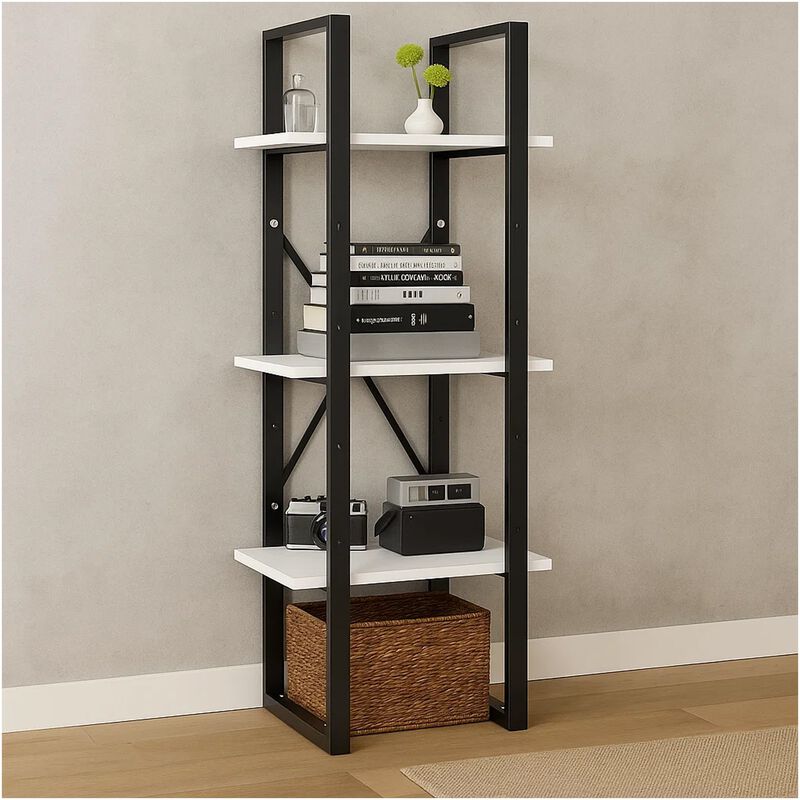 5 Tier Bookshelf Unit, Open White Wood Racks, 41 Inch Black Metal - Benzara
