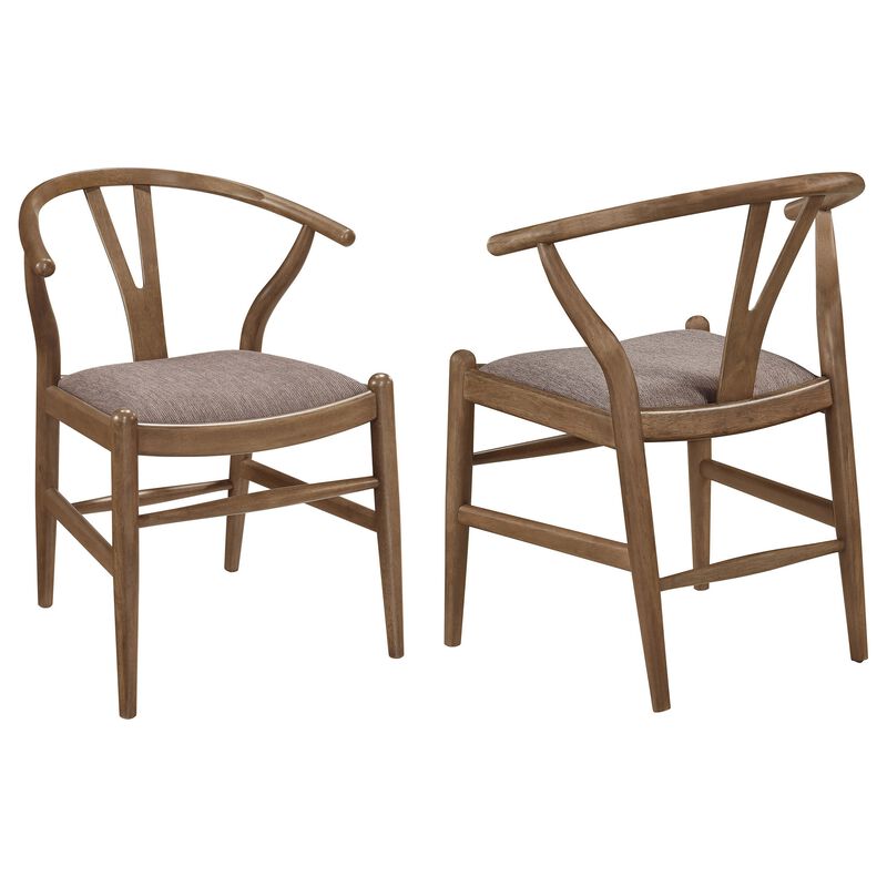 Ellie Dining Chair Set of 2, Y Shape Back, Fabric Seats, Walnut Brown - Benzara