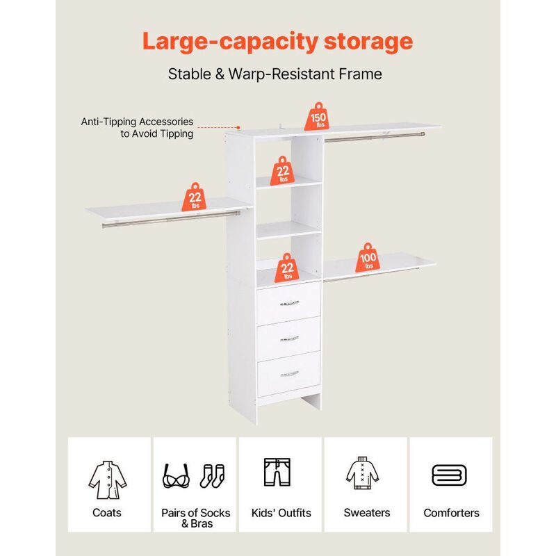 Adjustable Closet System with Drawers and Hanging Rods, Freestanding Wardrobe image number 4