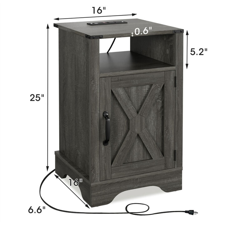 Dark Gray Nightstand With Charging Station Tall Wooden Night Stand Set 2 For Bedroom Living Room