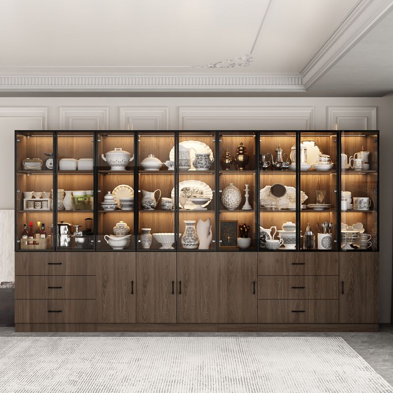 FUFU&GAGA 141.7" Woodgrain 6 Storage Cabinet with 9 Glass Doors & 6 Drawers, Tri-Color LED Lighting, Black Aluminum Frame (141.7 in. W x 15.7 in. D x 78.7 in. H) image number 1