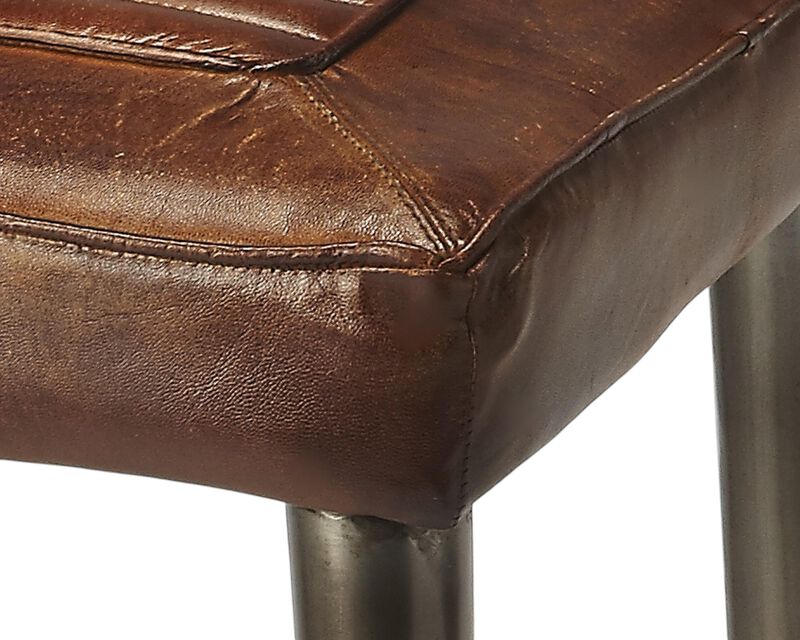 HomeRoots 32" Brown And Gray Genuine Leather And Iron Backless Counter Height Bar Chair image number 5