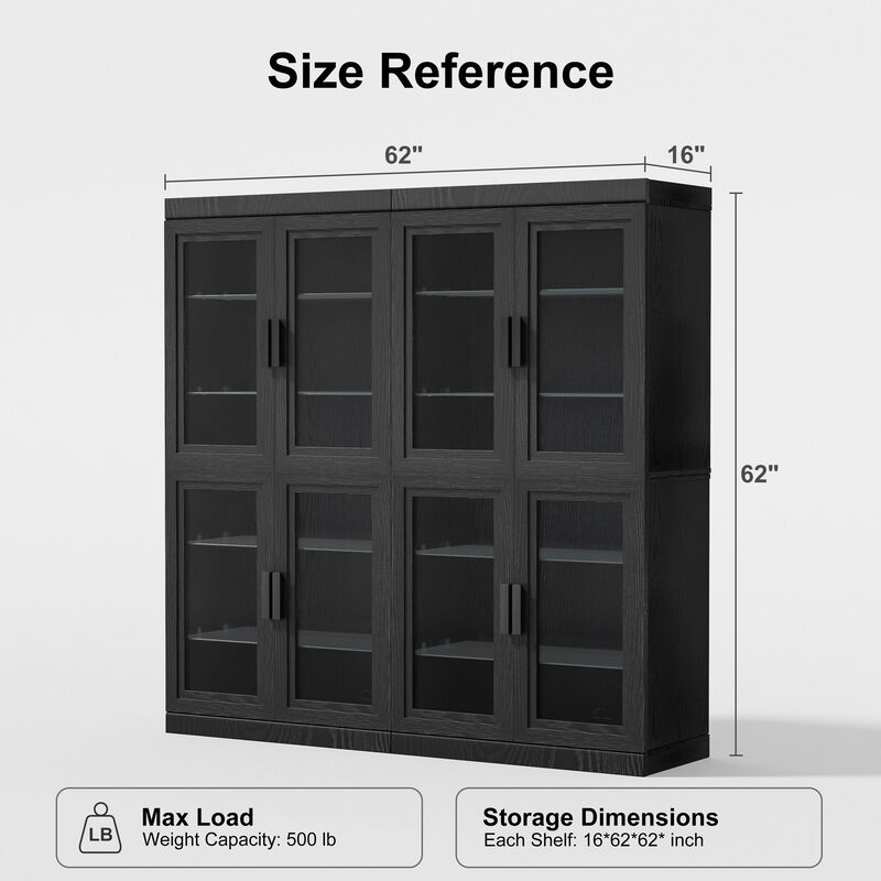 62" High Black Glass Door Wood Grain Decorative Storage Cabinet Display Cabinet, with Sufficient Space for 12 Shelves image number 4