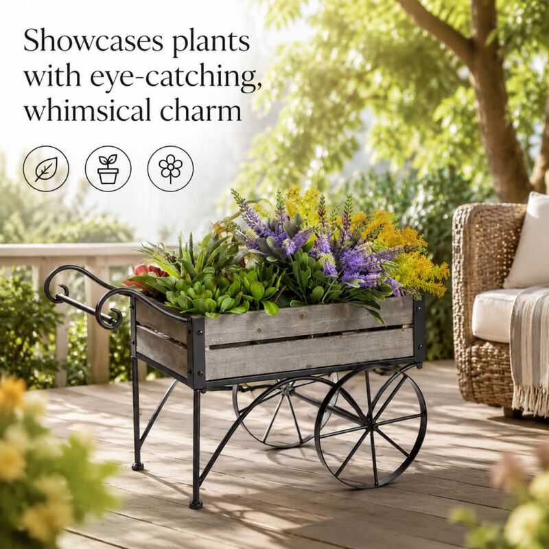 WOW PIONEER Rustic Trolley Cart Plant Stand with Pine Wood Shelves and Iron Frame for Indoor Patio Porch Greenhouse Plant Display image number 4