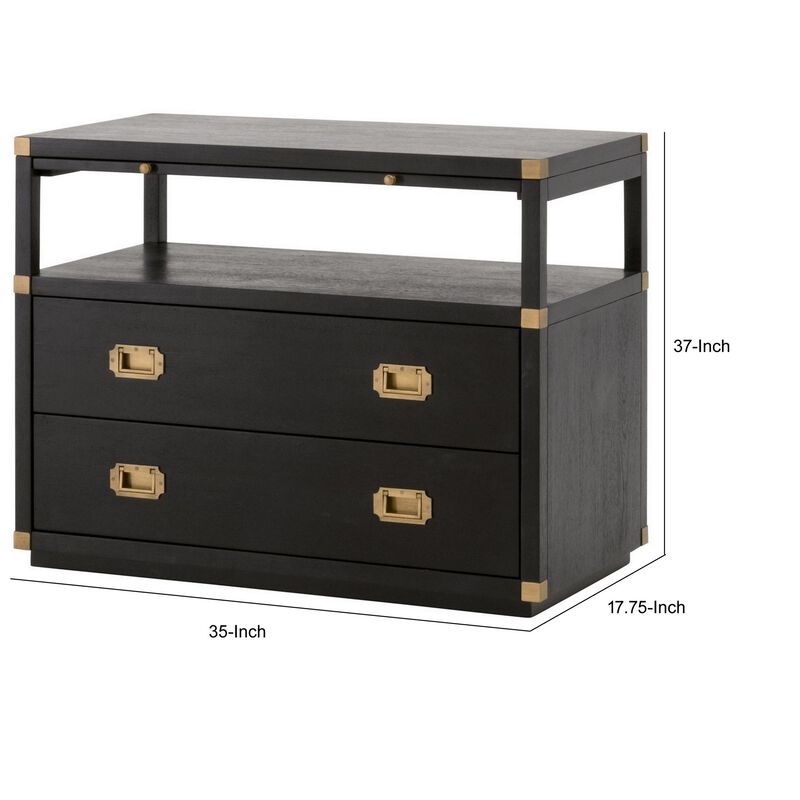 35 Inch Wood Nightstand with 2 Drawers and 1 Shelf, Modern Gold, Black-Benzara