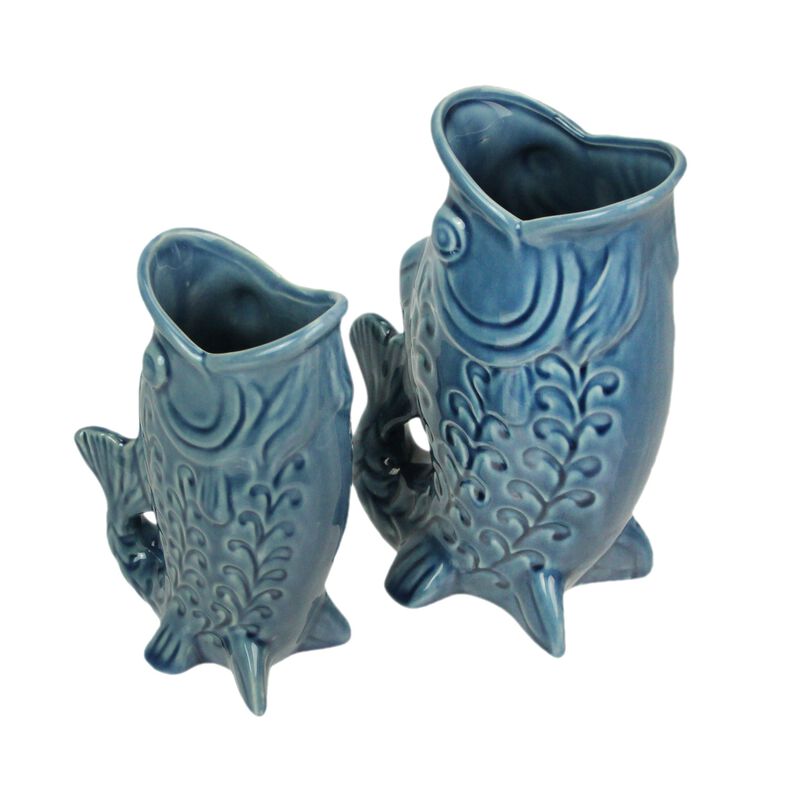 Blue Fish Decorative Vases Set Of 2 Glossy Ceramic Coastal Tabletop image number 1