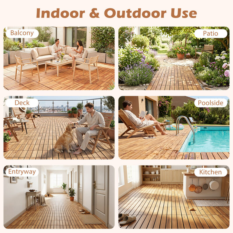 Acacia Wood Interlocking Deck Tiles 54 Piece Set for Outdoor Patio Flooring-Natural image number 6
