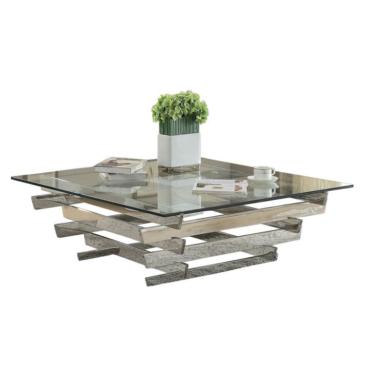 Glass Top Coffee Table with Asymmetrical Metal Base, Silver and Clear-Benzara
