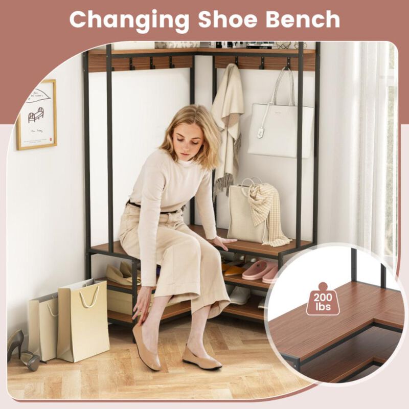 Hivvago Corner Garment Rack with Open Shelves and 7 Hooks Shoe Bench