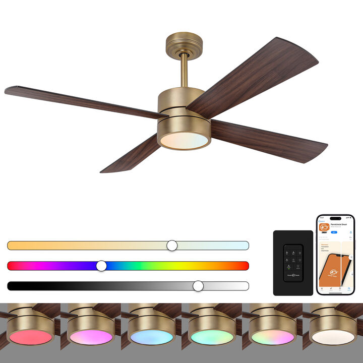 52 in. Modern Gold Reversible Blades Smart Ceiling Fan with RGB Light and APP Control & Remote