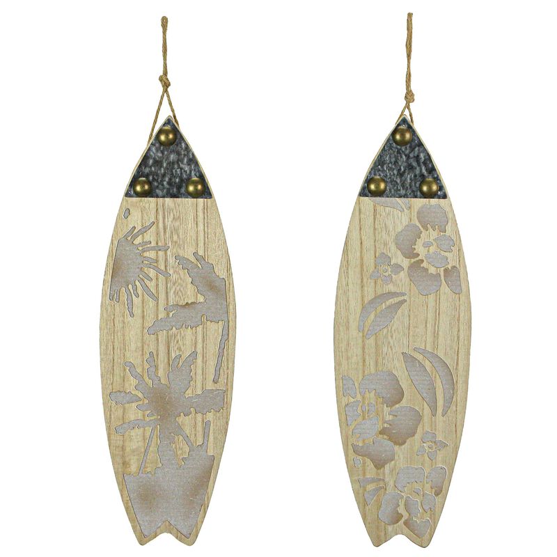 16 Inch Carved Wood & Metal Surfboard Wall Hanging Beach Home Decor Art Set of 2 image number 0