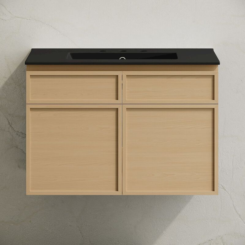 30" Wall-Mounted Bathroom Vanity, Natural Oak, Black 3-Hole Widespread Sink Top image number 4