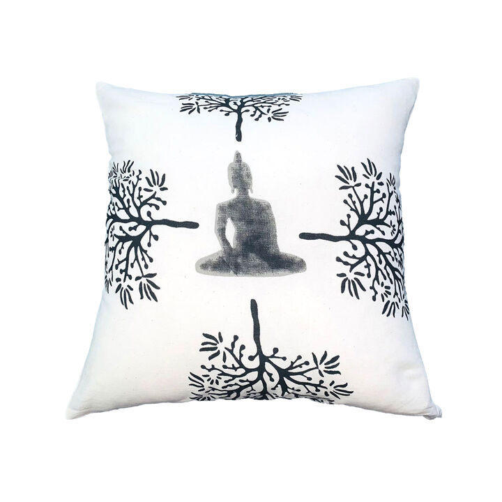 18 x 18 Square Accent Throw Pillows, Meditating Buddha, Polyester Filling, Set of 2, Gray, White - Benzara