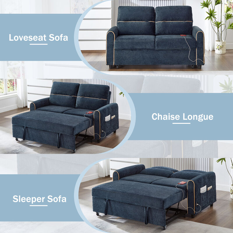 Merax Chenille Convertible Sofa Bed 3Level Adjustable Backrest with USB Ports & Storage Pockets
