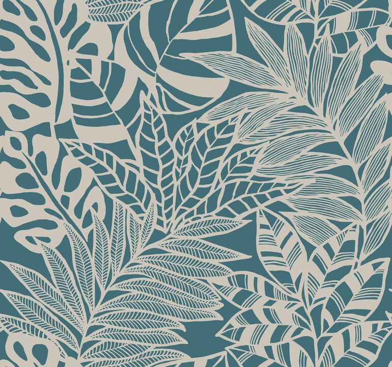 Jungle Leaves Teal Wallpaper