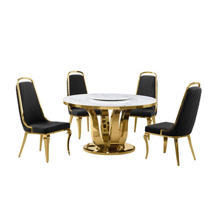 5pc White marble round dining set with gold base and 4 Black side chairs