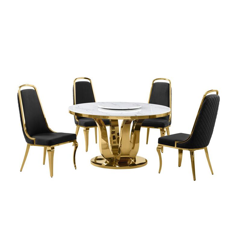 5pc White marble round dining set with gold base and 4 Black side chairs