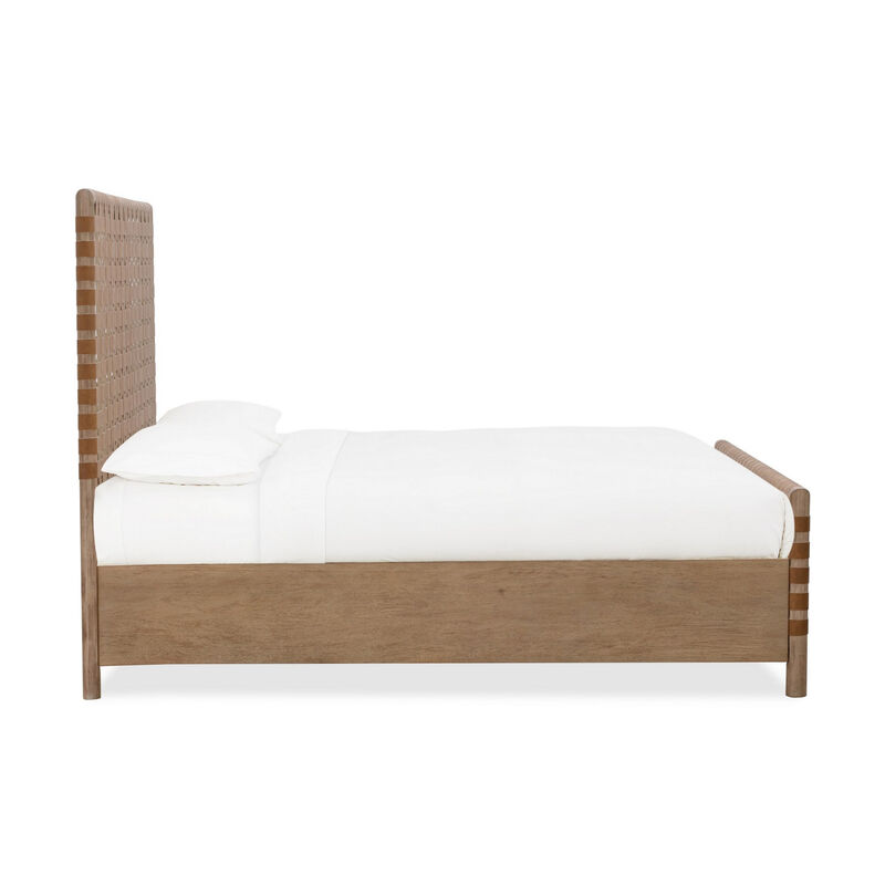 Dory King Size Bed, Hand Woven Headboard, Faux Leather Upholstery, Brown - Benzara