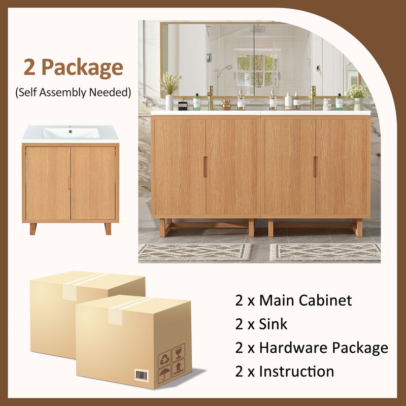 Whisen 60.2" Bathroom vanity Set with Sink, Combo Cabinet, Bathroom Storage Cabinet, Solid Wood Frame