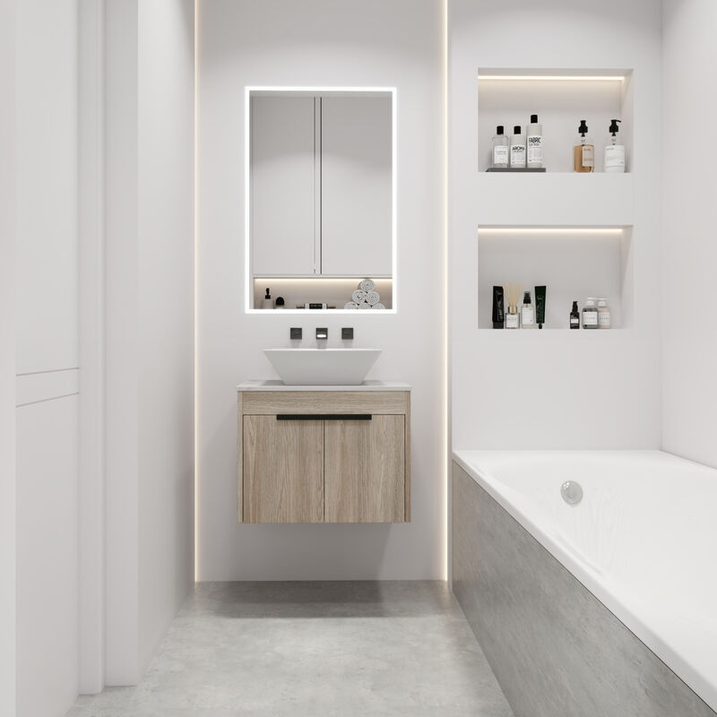 24 " Modern Design Float Bathroom Vanity With Ceramic Basin Set, Wall Mounted White Oak Vanity With Soft Close Door, KD-Packing, KD-Packing,2 Pieces Parcel(TOP-BAB101MOWH)