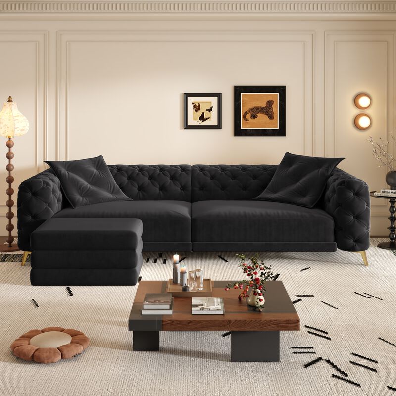 Whisen 97.7" 4-Seat Convertible Sleeper Sofa, Velvet 3-in-1 with Ottoman for Apartment Office image number 2