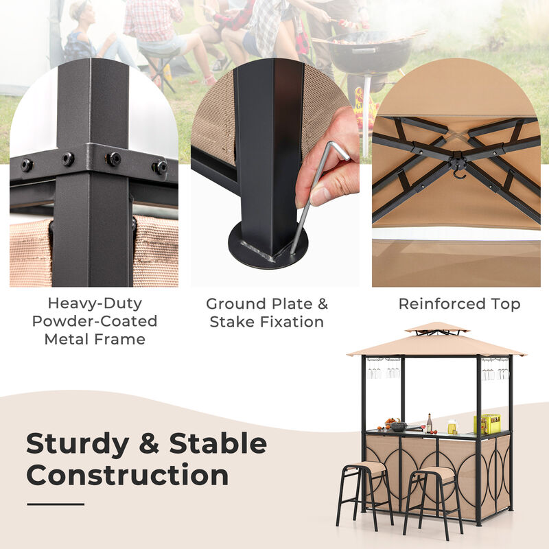 3-Piece Patio Bar Set with Grill Gazebo, 2 Bar Stools, and Tempered Glass Bar Table