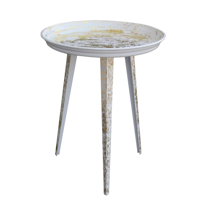 20 Inch Artisanal Industrial Round Tray Top Iron Side End Table, Tripod Base, Distressed White, Gold-Benzara