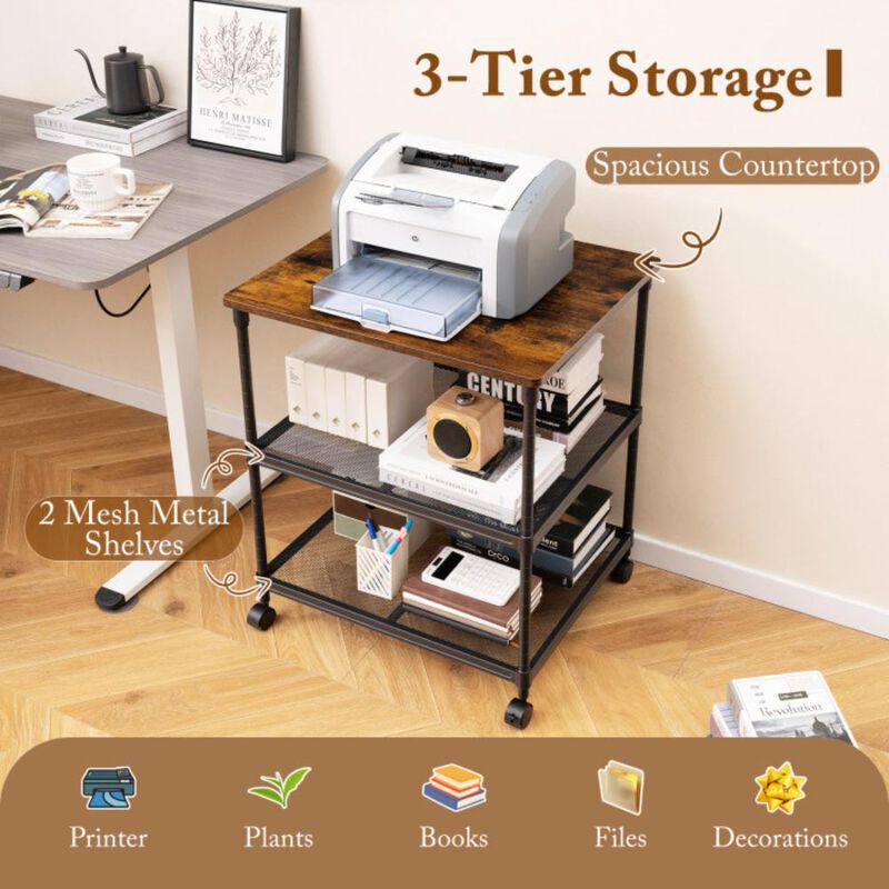 Hivvago 3 Tier Printer Stand Rolling Fax Cart with Adjustable Shelf and Swivel Wheels
