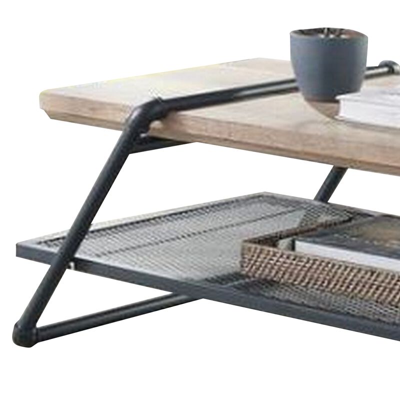 Coffee Table with Wooden Top and Mesh Shelf, Brown and Black-Benzara