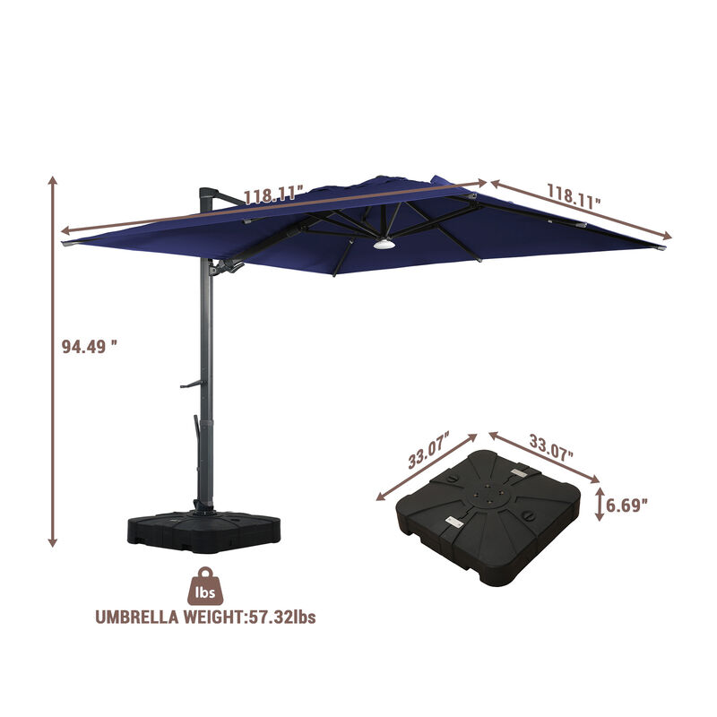 MONDAWE 10 ft. Square Outdoor Cantilever Umbrella Aluminum Frame Tilting Parasol with Detachable Bluetooth LED Light Panel and Weighted Based