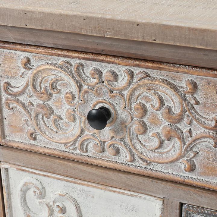 LuxenHome Rustic Carved Wood 8-Drawer Chest End Table
