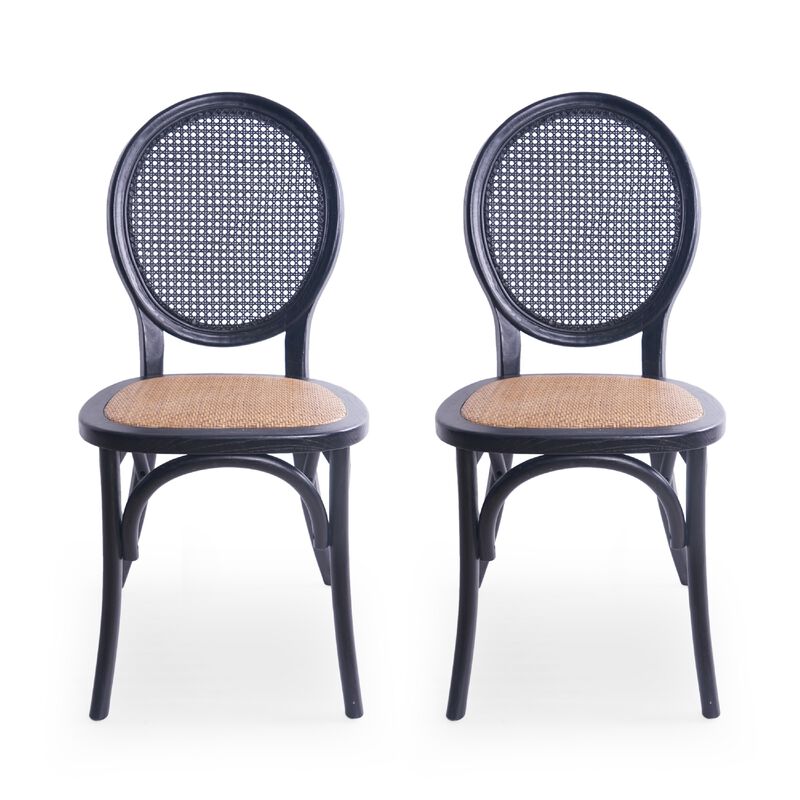 Dining Chair Set of 2, Matte Black Rattan Woven Back and Brown Seat image number 0