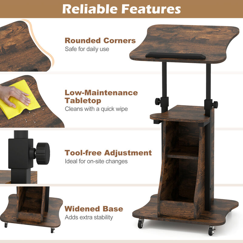 Mobile Podium Stand with Adjustable Height, Tilting Tabletop and Storage image number 3