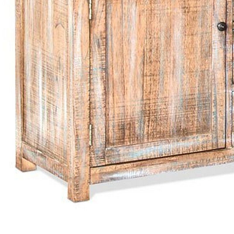 Rany TV Console, 60Wx36H Light Brown Mahogany, 5 Shelves, 3 Drawers - Benzara