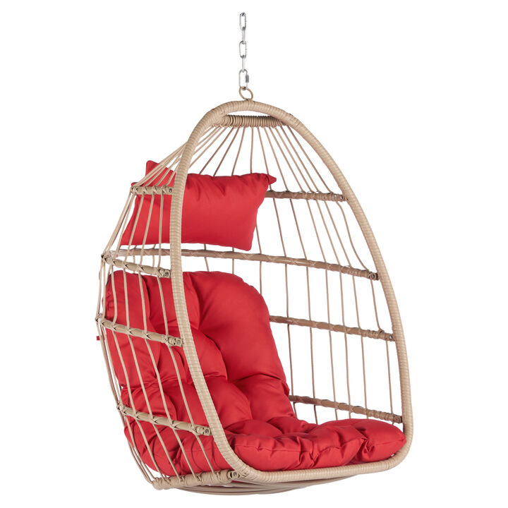 Outdoor Garden Rattan Egg Swing Chair Hanging Chair Wood &Red cushion